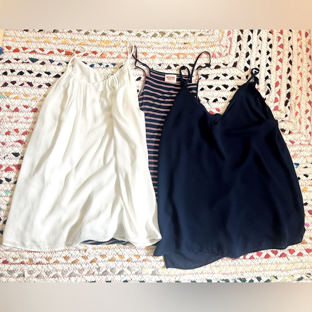 Bundle of 3 tank tops size M, navy blue, white, red white & blue striped.